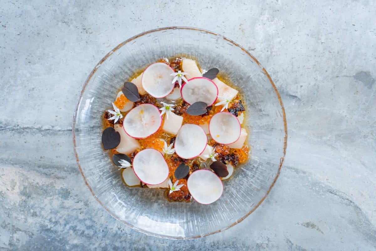 Görvälns Slott - Hamachi ike jime med forellrom, vit sparris, xo-sås, rädisa